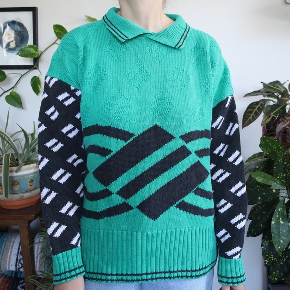 Teal and Black Patterned Collared Sweater - Picture 9 of 9